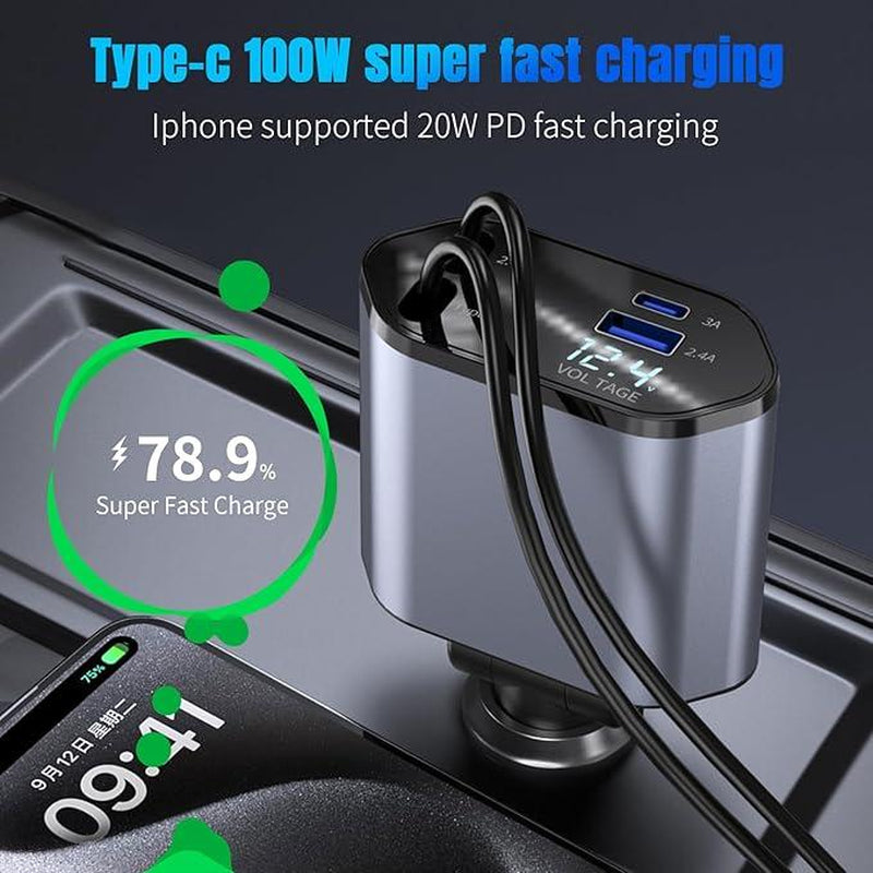 4 in 1 Retractable Car Charger, USB C Fast Charging Adapter with Lightning Cable Compatible with Iphone 16/15/14/13 Pro Max Plus, Samsung S23/S22/S10