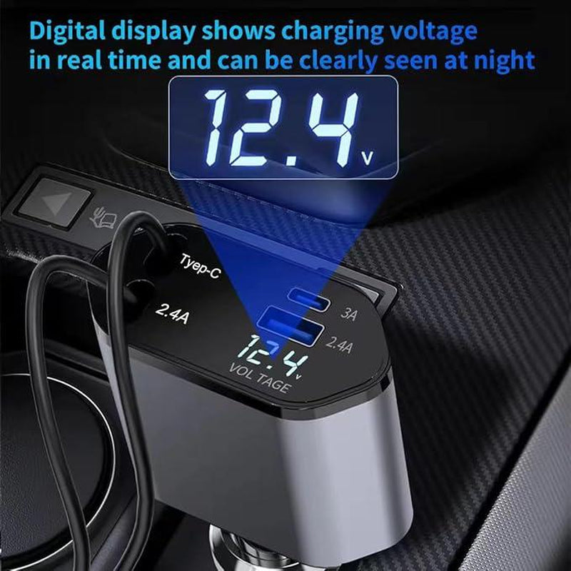 4 in 1 Retractable Car Charger, USB C Fast Charging Adapter with Lightning Cable Compatible with Iphone 16/15/14/13 Pro Max Plus, Samsung S23/S22/S10