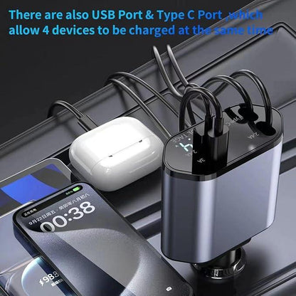 4 in 1 Retractable Car Charger, USB C Fast Charging Adapter with Lightning Cable Compatible with Iphone 16/15/14/13 Pro Max Plus, Samsung S23/S22/S10