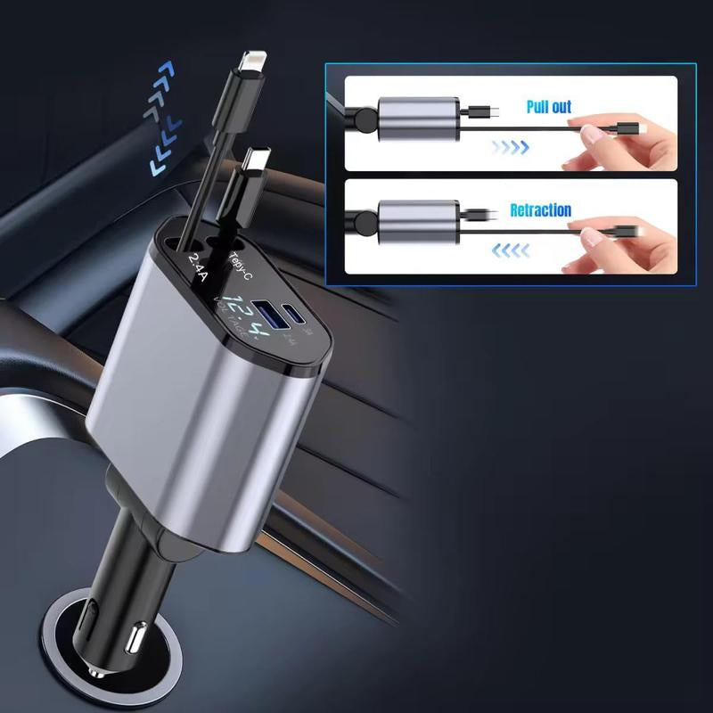 4 in 1 Retractable Car Charger, USB C Fast Charging Adapter with Lightning Cable Compatible with Iphone 16/15/14/13 Pro Max Plus, Samsung S23/S22/S10