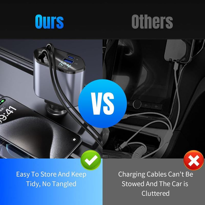 4 in 1 Retractable Car Charger, USB C Fast Charging Adapter with Lightning Cable Compatible with Iphone 16/15/14/13 Pro Max Plus, Samsung S23/S22/S10